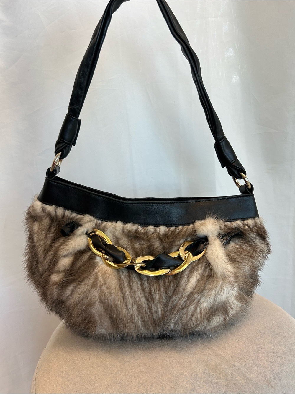 Paolo Masi brown mink fur black leather shoulder bag gold chain link